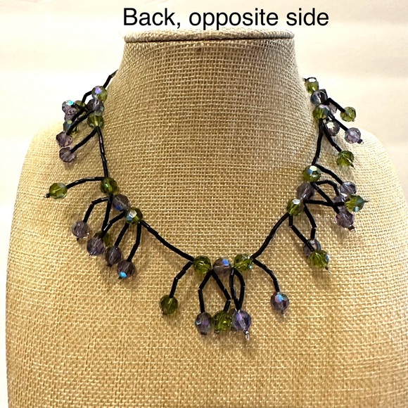 Glass Crystal bead necklace marked DOL, Black bead chain, green & blue crystals - Picture 8 of 14
